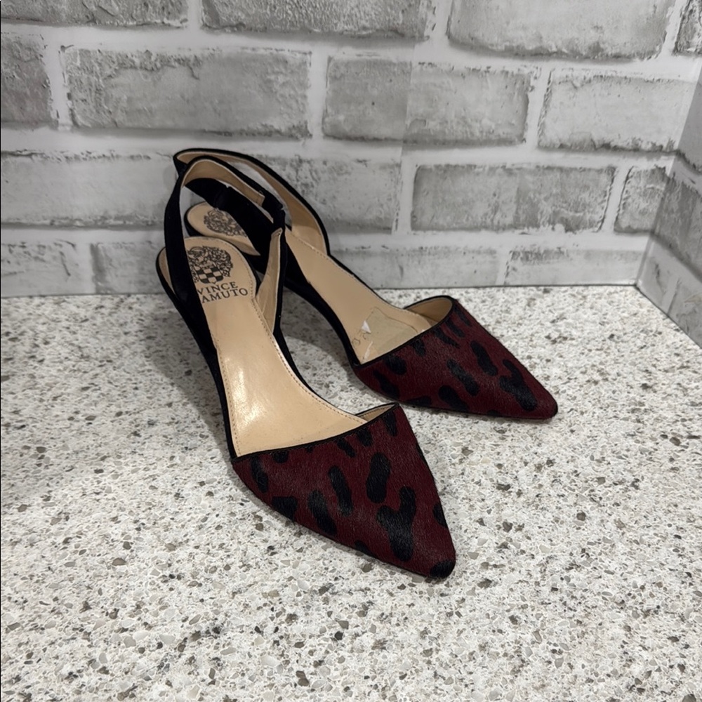 Vince Camuto Maroon and Black Faux Fur Animal Print Heels